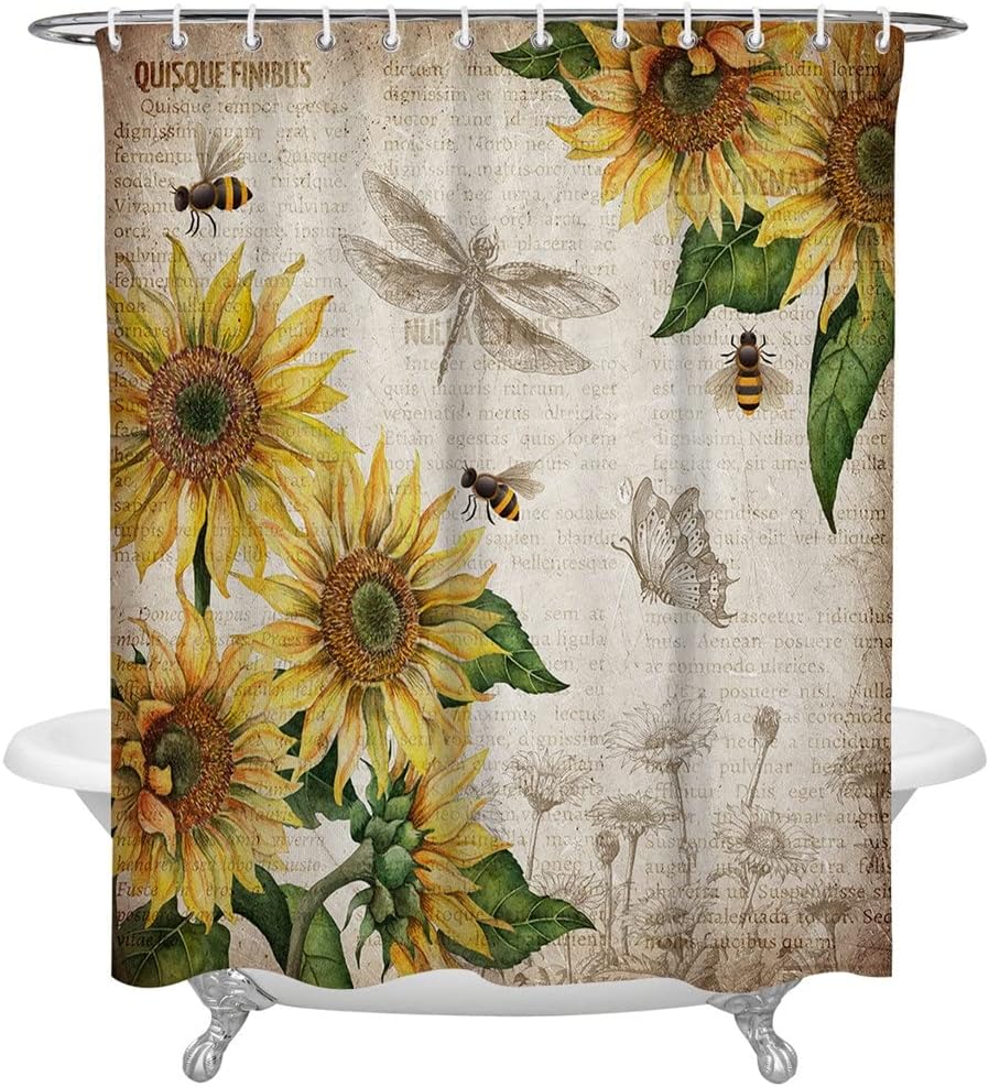 Vintage Sunflower and Butterfly Newspaper Shower Curtain - Home Bathroom Decor