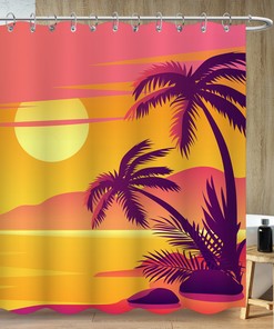 Vintage Sunset Shower Curtain With Palm Trees Print For A Relaxing And Tropical Bathroom
