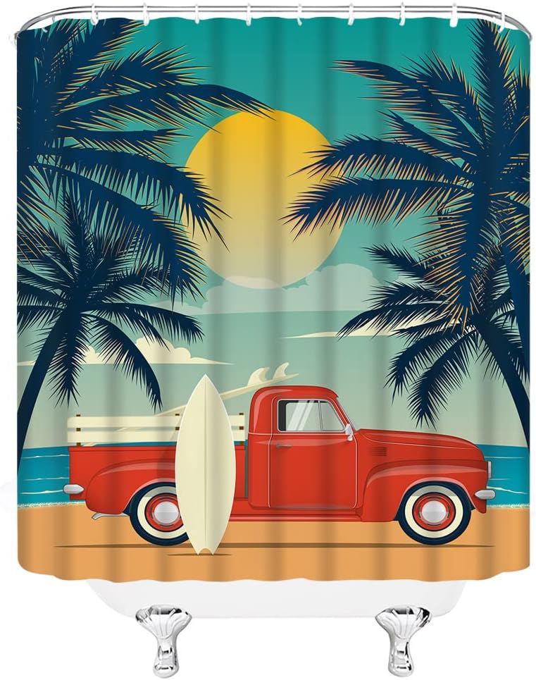 Vintage Surfing Car Shower Curtain For A Beachy Bathroom - Image 2