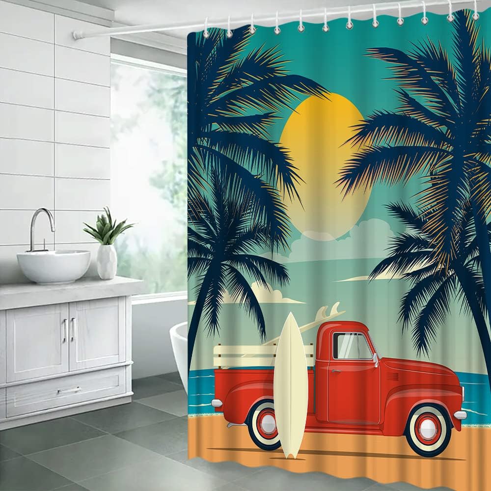 Vintage Surfing Car Shower Curtain For A Beachy Bathroom - Image 3
