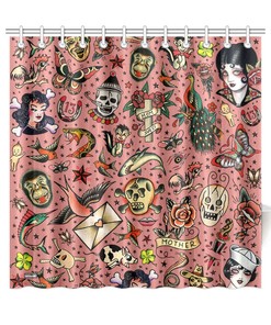 Vintage Tattoo Flash Novelty Shower Curtain with Old School Tattoo Design for Bathroom - Unbranded