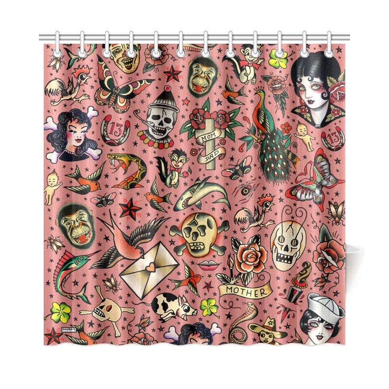 Vintage Tattoo Flash Novelty Shower Curtain with Old School Tattoo Design for Bathroom - Unbranded