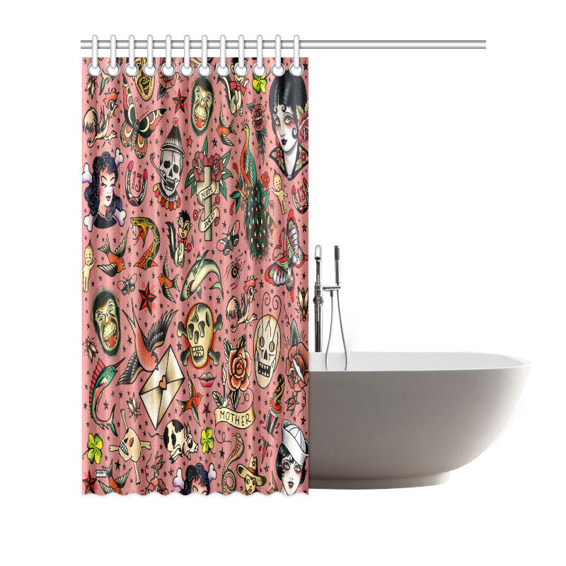 Vintage Tattoo Flash Novelty Shower Curtain with Old School Tattoo Design for Bathroom - Unbranded