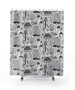 Vintage Taupe Mushroom Shower Curtain with Psychedelic Trippy Mushrooms Pattern, Nature Theme Bathroom Decor 