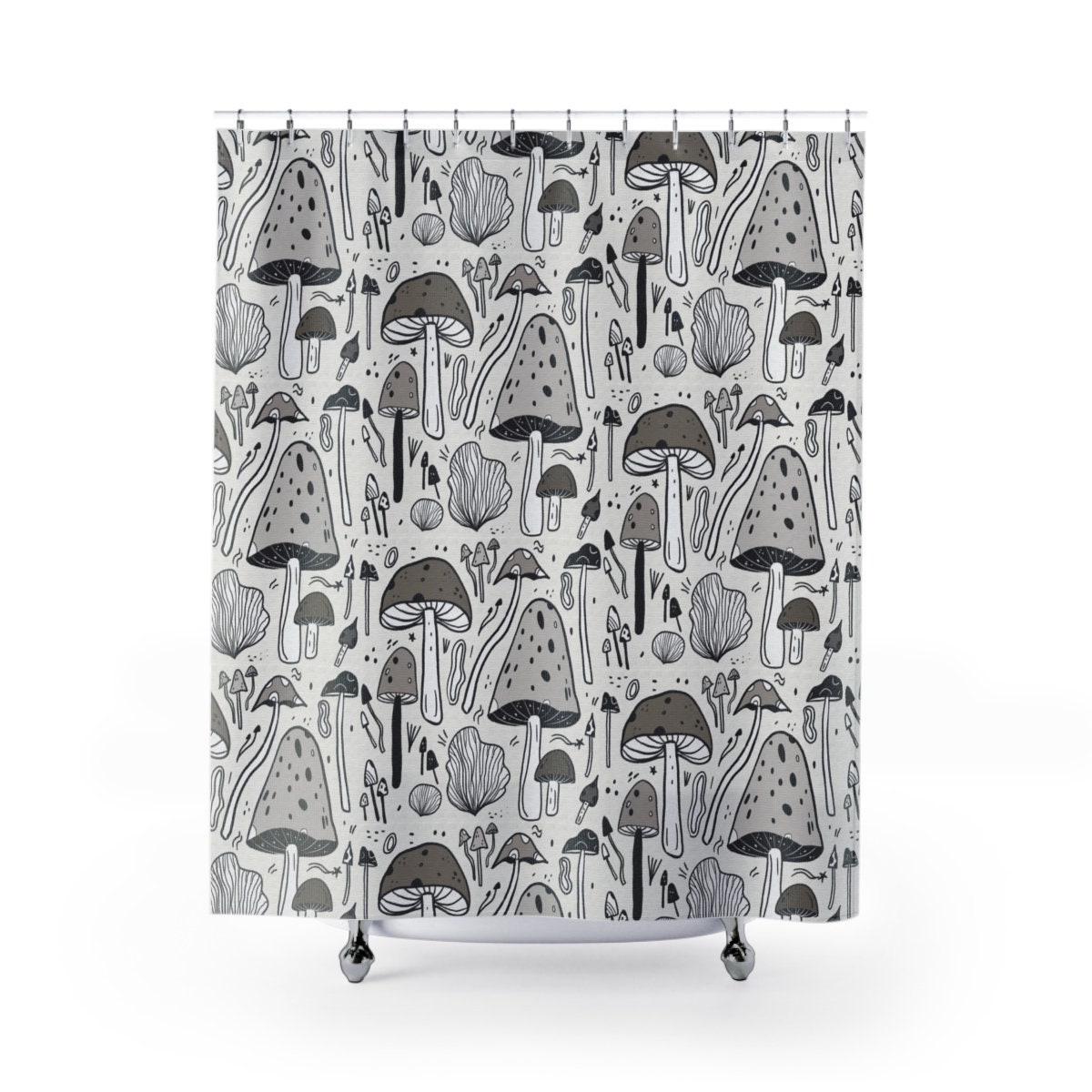 Vintage Taupe Mushroom Shower Curtain with Psychedelic Trippy Mushrooms Pattern, Nature Theme Bathroom Decor