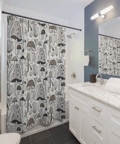 Vintage Taupe Mushroom Shower Curtain with Psychedelic Trippy Mushrooms Pattern, Nature Theme Bathroom Decor