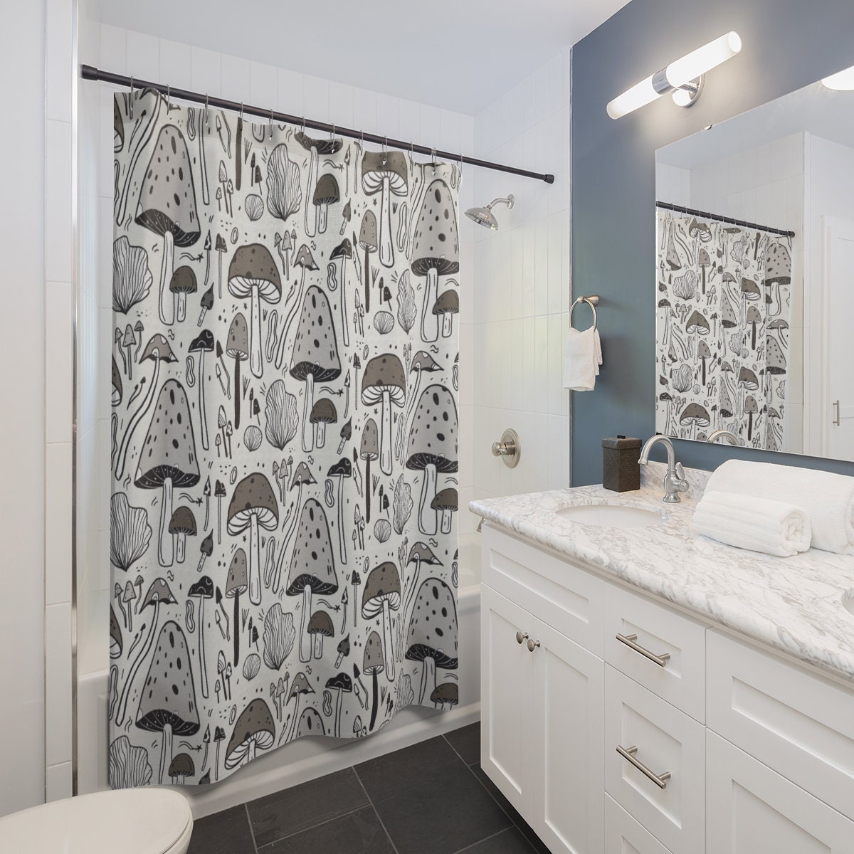Vintage Taupe Mushroom Shower Curtain with Psychedelic Trippy Mushrooms Pattern, Nature Theme Bathroom Decor