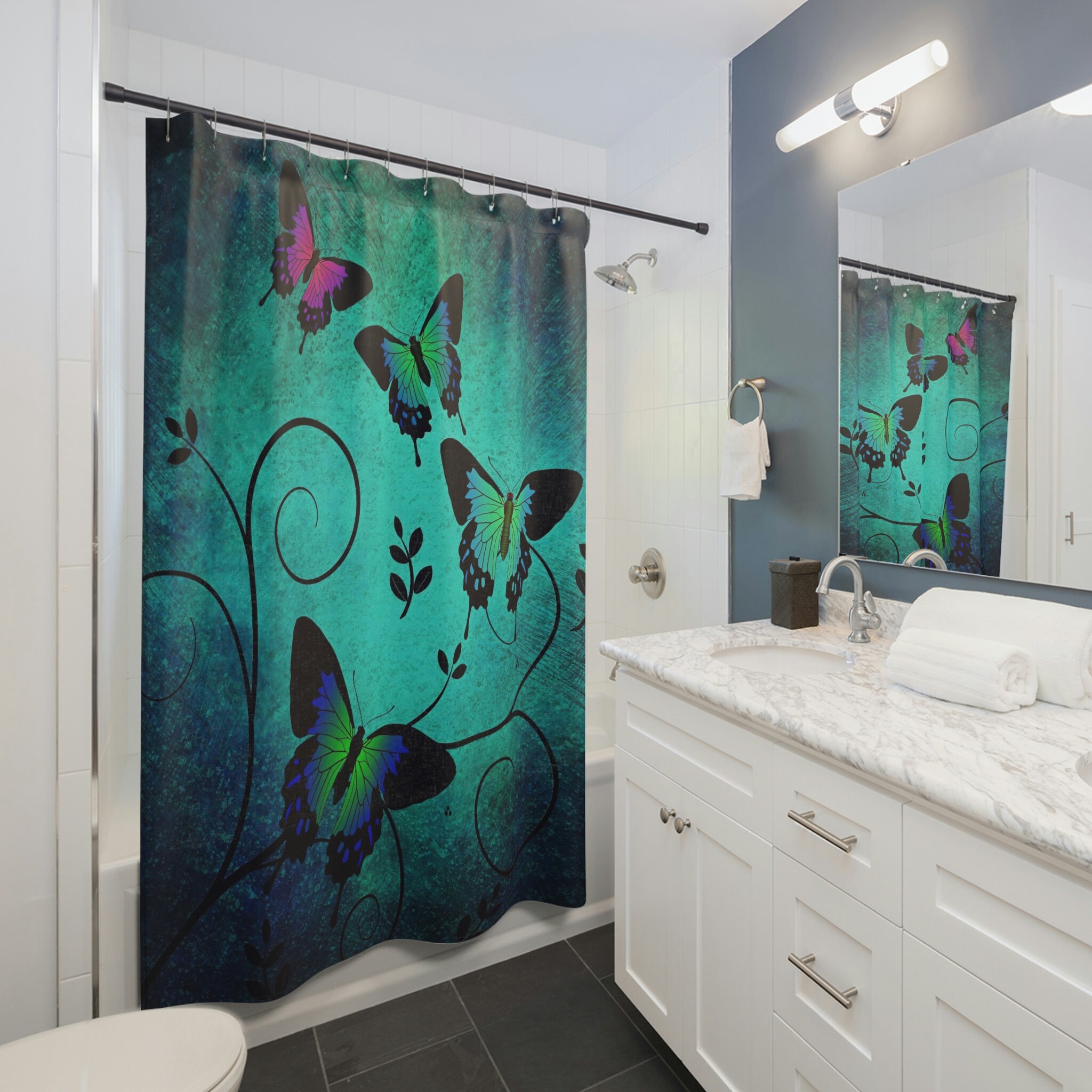 Vintage Teal Butterfly Shower Curtain - Rustic Design for Farmhouse-Inspired Bathroom