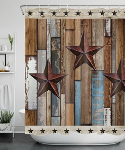 Vintage Texas Star Barn Shower Curtain - Rustic Wood Board and Americana Design for a Country Bathroom