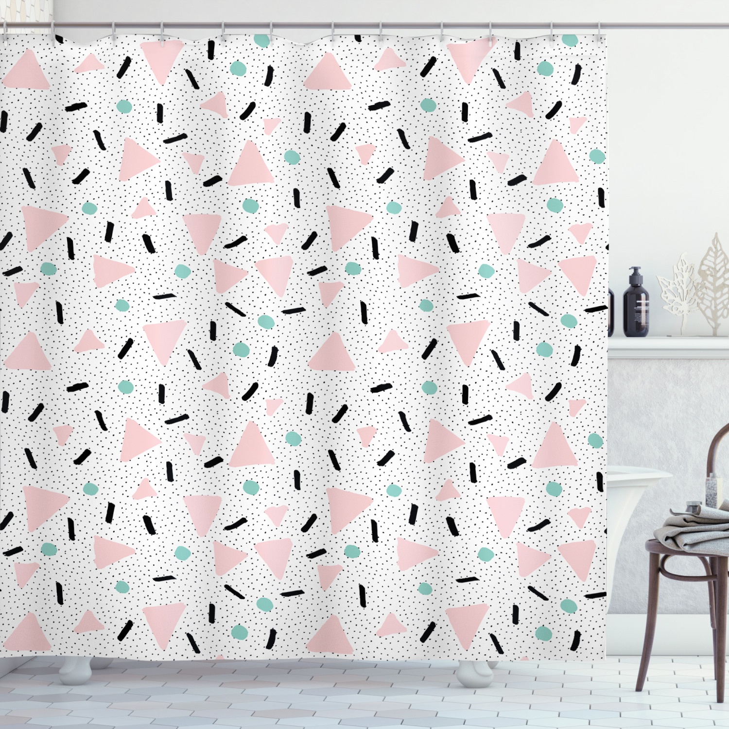 Vintage Triangles Dots Print Shower Curtain For Retro Bathroom