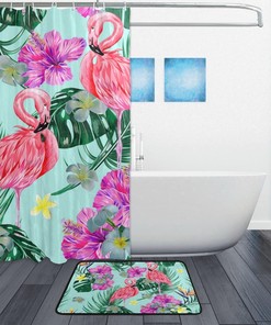 Vintage Tropical Flowers Palm Leaves Shower Curtain, Waterproof Bathroom Decor