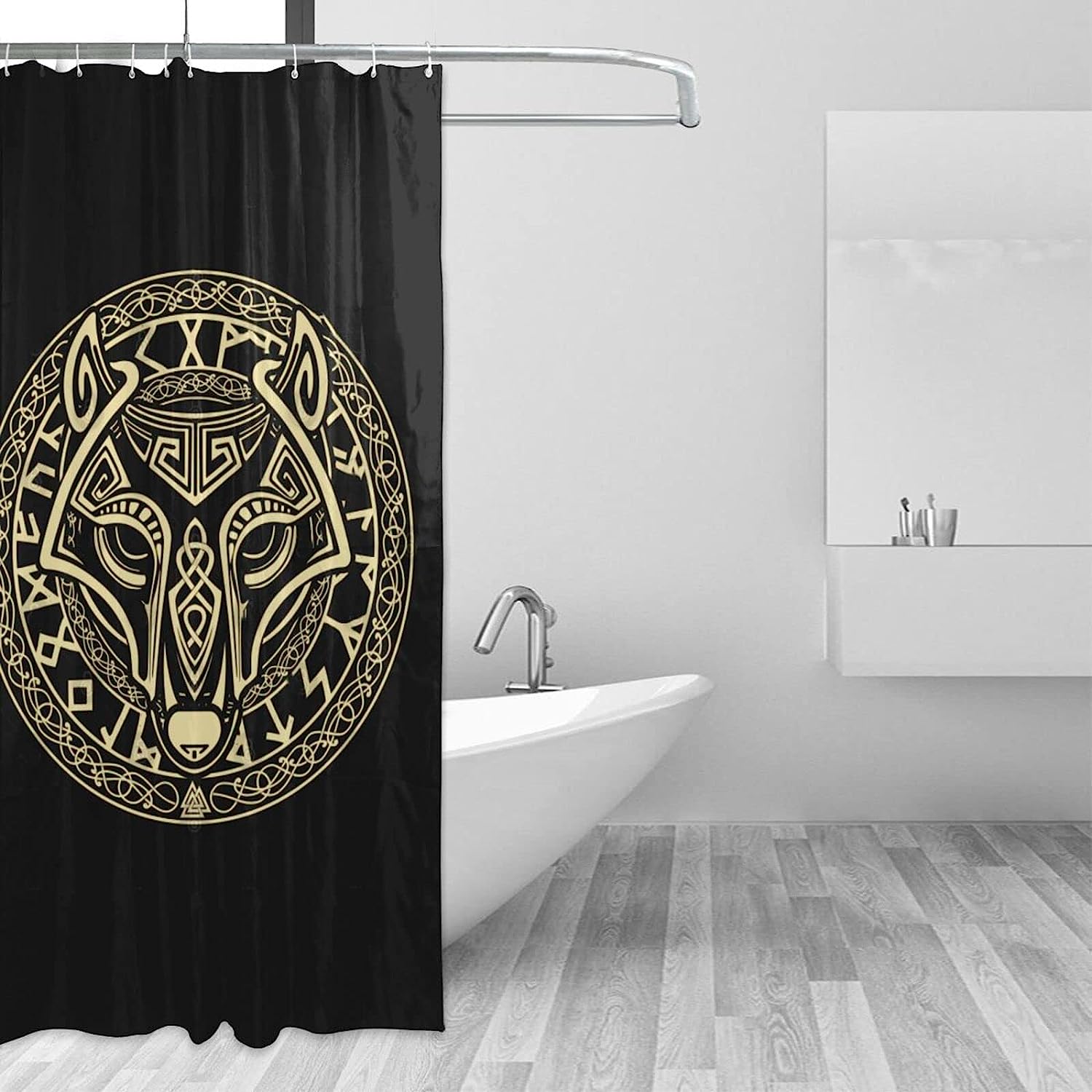 Vintage Viking Wolf Shower Curtain, Waterproof Bathroom Curtain with Nordic Home Decor Theme
