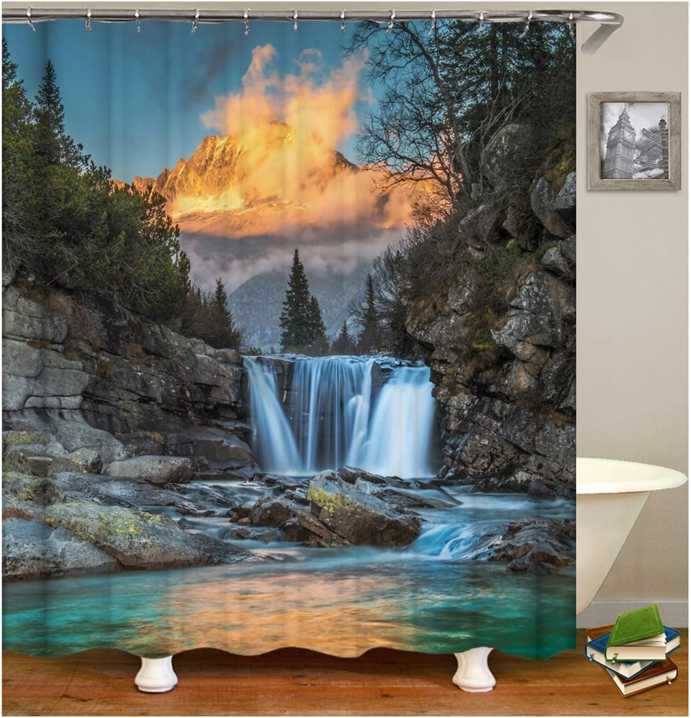 Vintage Waterfall And Mountain Shower Curtain For A Nostalgic Bathroom