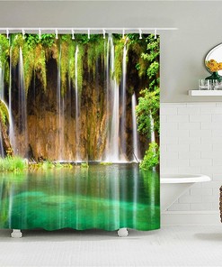 Vintage Waterfall Lake View Print Shower Curtain, Fabric Showers Curtain for Bathroom