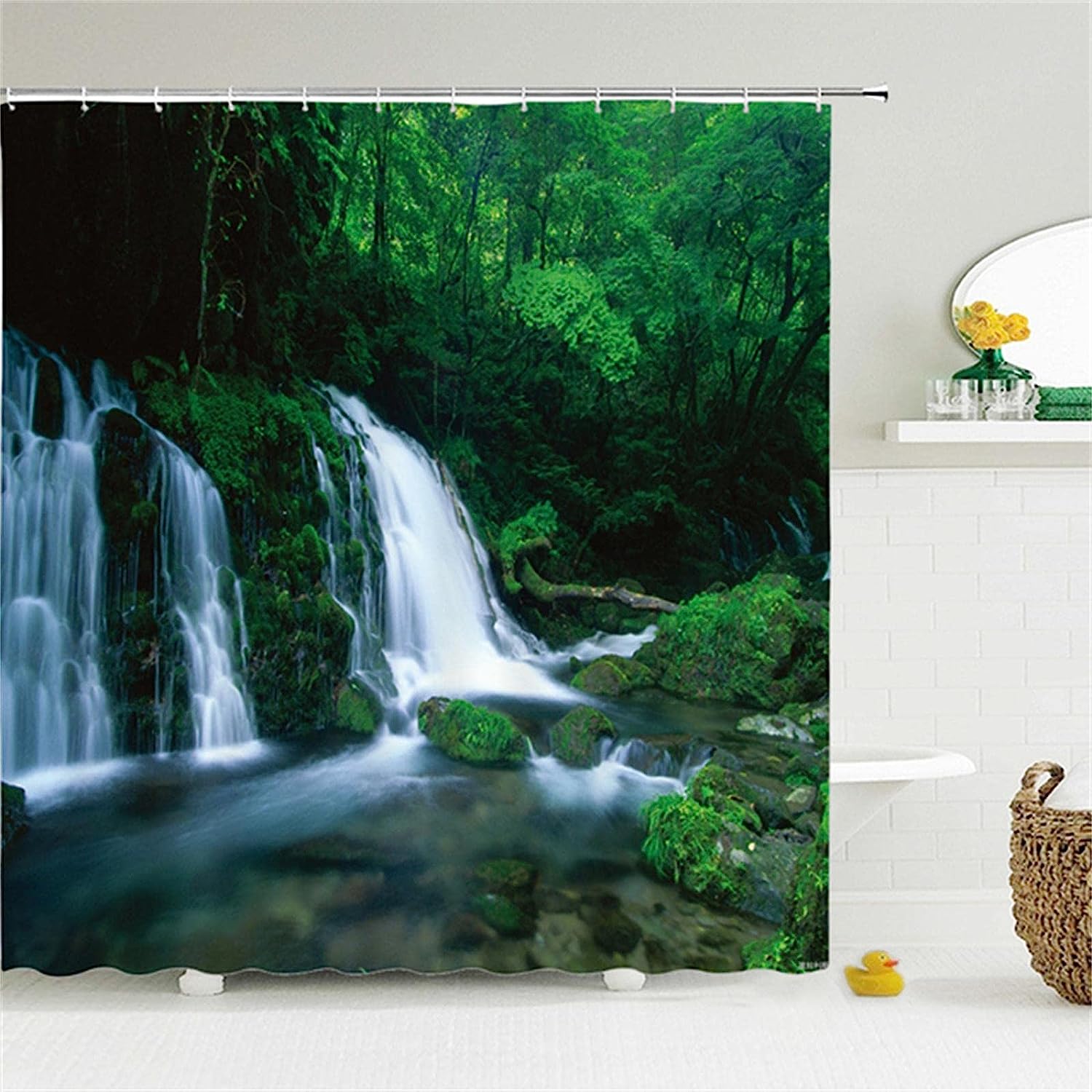 Vintage Waterfall Print Shower Curtain, Bathroom Stall Fabric Curtain for Home Decor