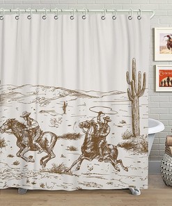 Vintage Western Cowboy Shower Curtain With Wild Horse Desert Cactus Design - Add Western-Style To Your Bathroom