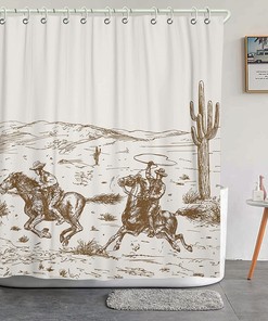 Vintage Western Cowboy Shower Curtain With Wild Horse Desert Cactus Design - Add Western-Style To Your Bathroom