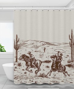 Vintage Western Cowboy Shower Curtain With Wild Horse Desert Cactus Design - Add Western-Style To Your Bathroom