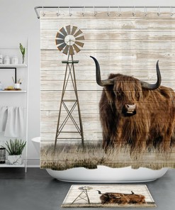 Vintage Western Farmhouse Windmill Highland Cow Shower Curtain