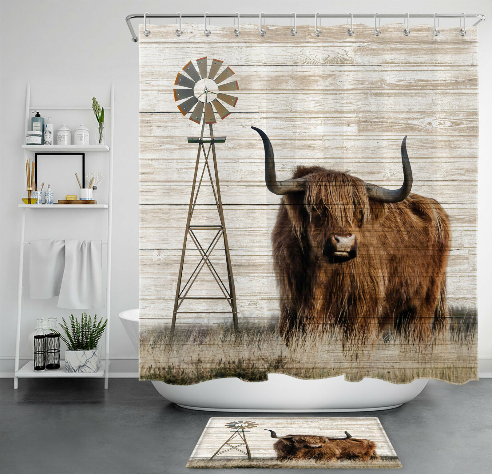 Vintage Western Farmhouse Windmill Highland Cow Shower Curtain