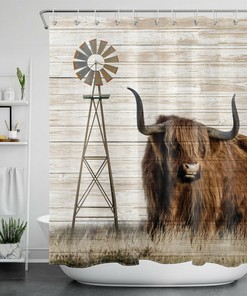 Vintage Western Farmhouse Windmill Highland Cow Shower Curtain
