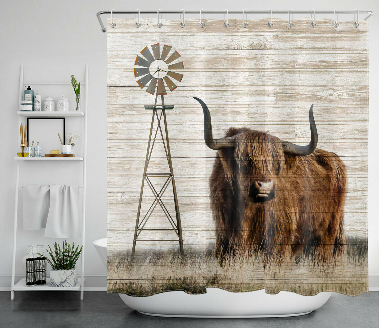Vintage Western Farmhouse Windmill Highland Cow Shower Curtain
