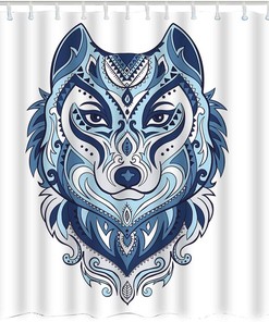 Vintage Wild Animal Tribal Wolves with Bohemian Tattoo Blue and White Shower Curtain