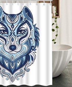 Vintage Wild Animal Tribal Wolves with Bohemian Tattoo Blue and White Shower Curtain