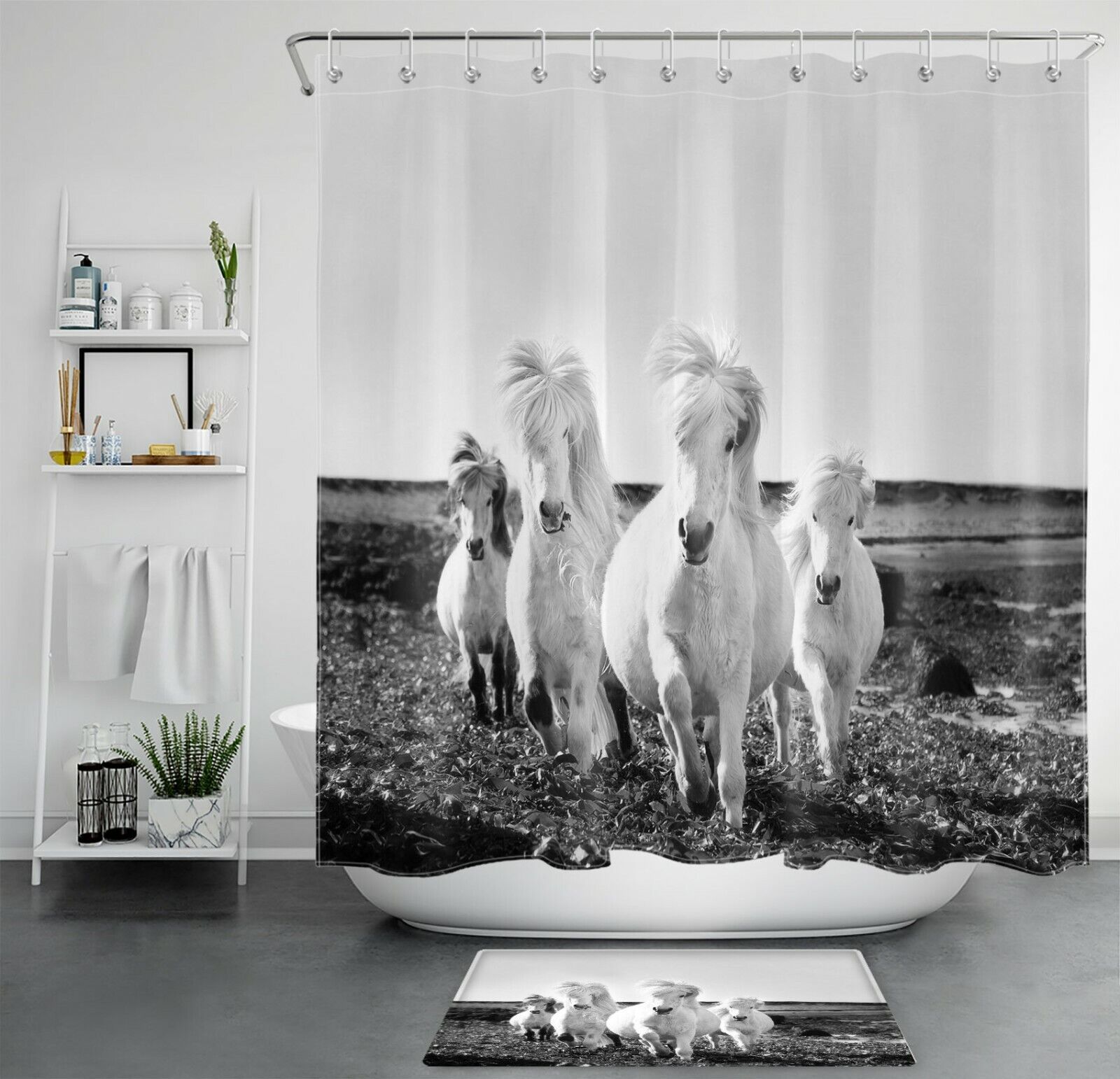 Vintage Wild Pony Shower Curtain, Farmhouse Animal Horse Bathroom Decor