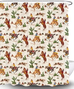Vintage Wild West Artistic Theme Shower Curtain with Cowboy Riding Horse and Cactus