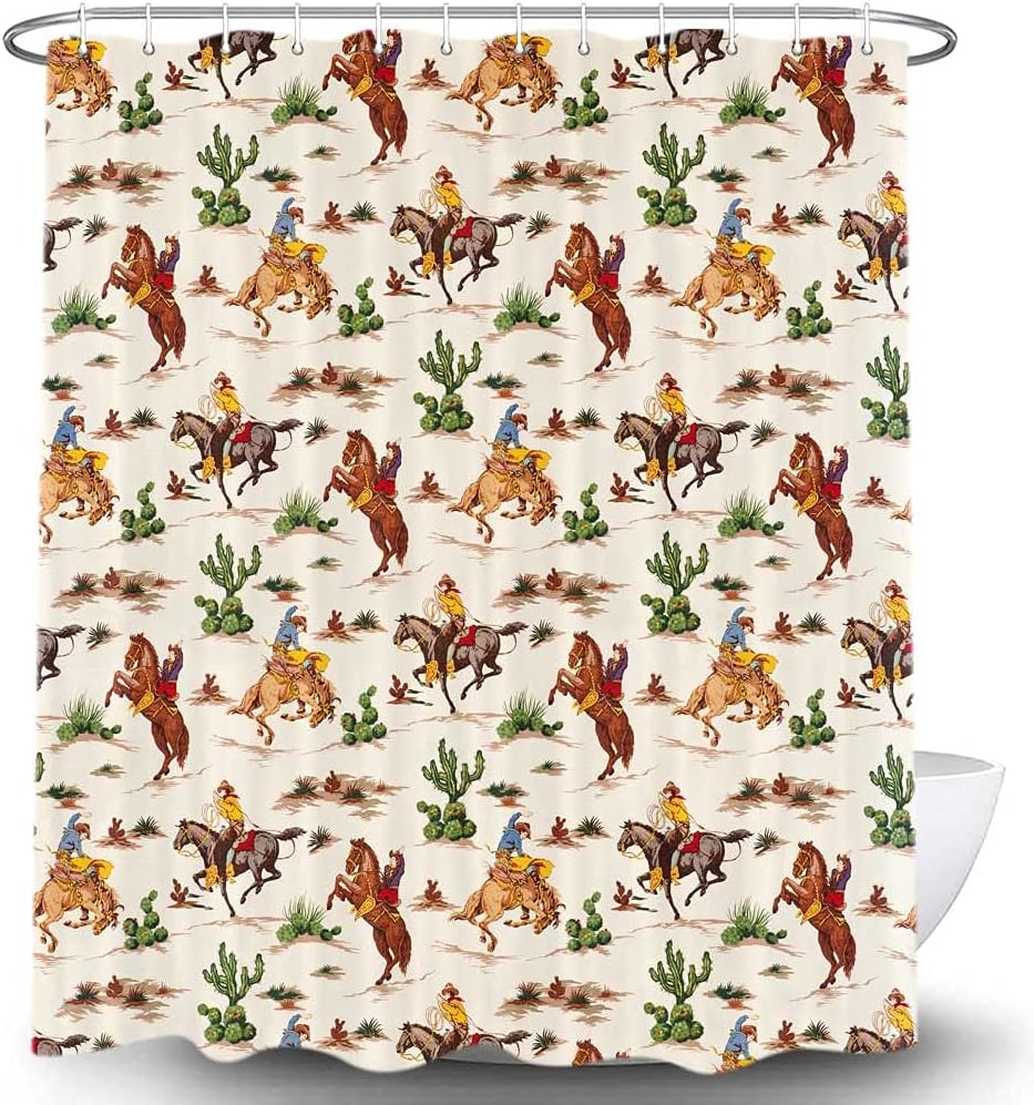 Vintage Wild West Artistic Theme Shower Curtain with Cowboy Riding Horse and Cactus