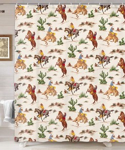 Vintage Wild West Artistic Theme Shower Curtain with Cowboy Riding Horse and Cactus