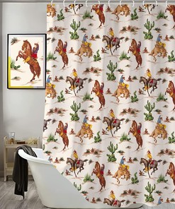 Vintage Wild West Artistic Theme Shower Curtain with Cowboy Riding Horse and Cactus