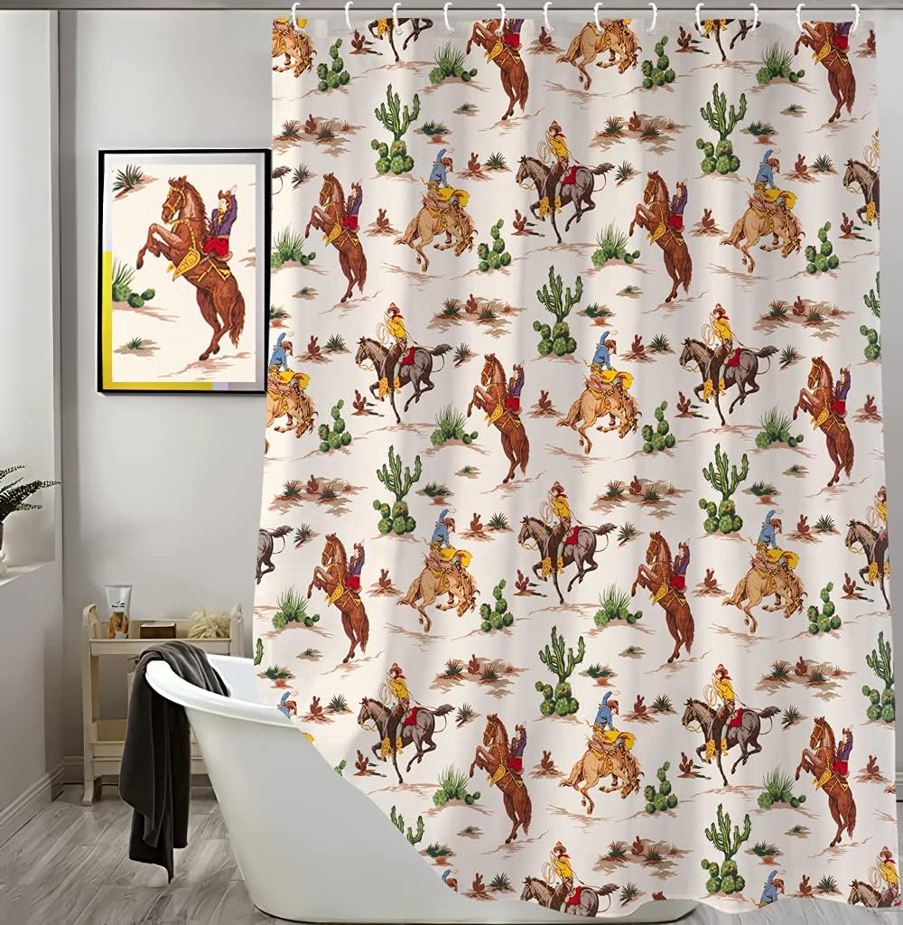 Vintage Wild West Artistic Theme Shower Curtain with Cowboy Riding Horse and Cactus