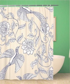Vintage William Morris Floral Shower Curtain with Retro Abstract Outline Pattern - Waterproof Fabric Bathroom Curtains 