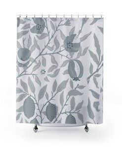 Vintage William Morris Pomegranate Fruit Silver Blue Shower Curtain - Antique English Print Bath Accessory