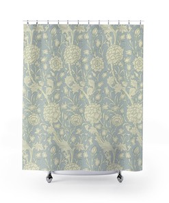 Vintage William Morris Soft Blue Cream Tulip Design Shower Curtain - Antique English Print Bath Accessory
