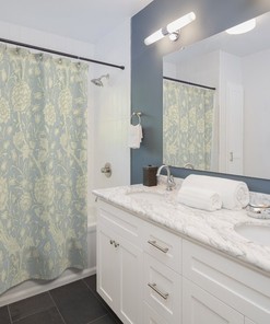 Vintage William Morris Soft Blue Cream Tulip Design Shower Curtain - Antique English Print Bath Accessory