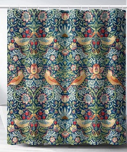 Vintage William Morris Strawberry Thief Green Shower Curtain with Original Design