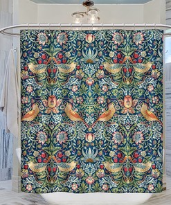 Vintage William Morris Strawberry Thief Green Shower Curtain with Original Design