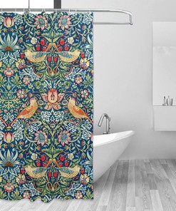 Vintage William Morris Strawberry Thief Green Shower Curtain with Original Design