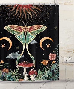 Vintage Witchy Shower Curtain - Moth Mushroom Gothic Botanical Floral Sun Moon Design