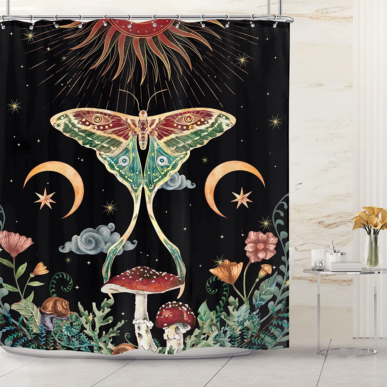 Vintage Witchy Shower Curtain - Moth Mushroom Gothic Botanical Floral Sun Moon Design