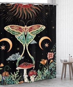 Vintage Witchy Shower Curtain - Moth Mushroom Gothic Botanical Floral Sun Moon Design