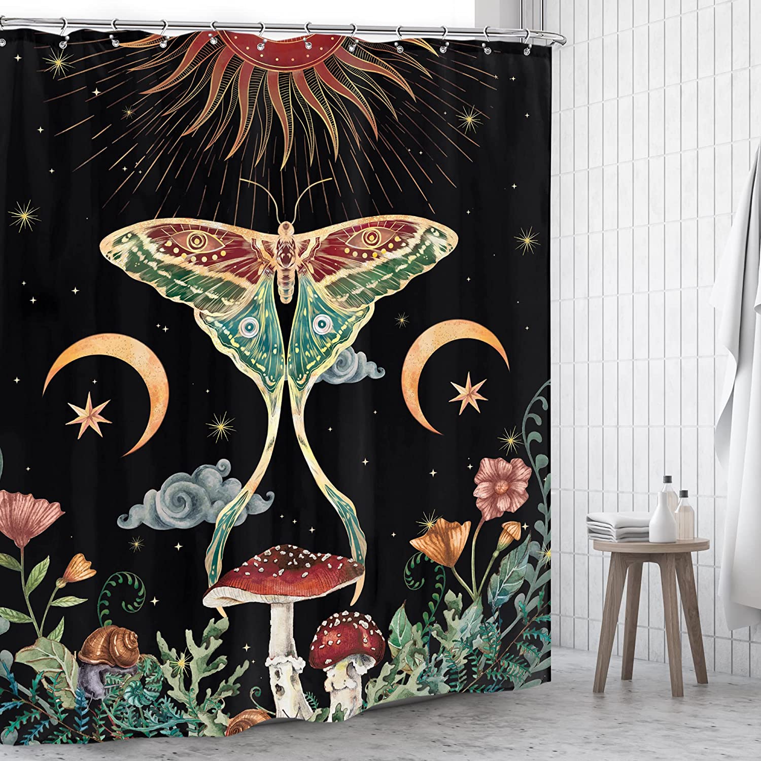 Vintage Witchy Shower Curtain - Moth Mushroom Gothic Botanical Floral Sun Moon Design