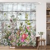 Vintage Wooden Shower Curtain with Herbs and Succulents, Pink and White Flowers Butterfly Decoration