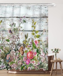 Vintage Wooden Shower Curtain with Herbs and Succulents, Pink and White Flowers Butterfly Decoration