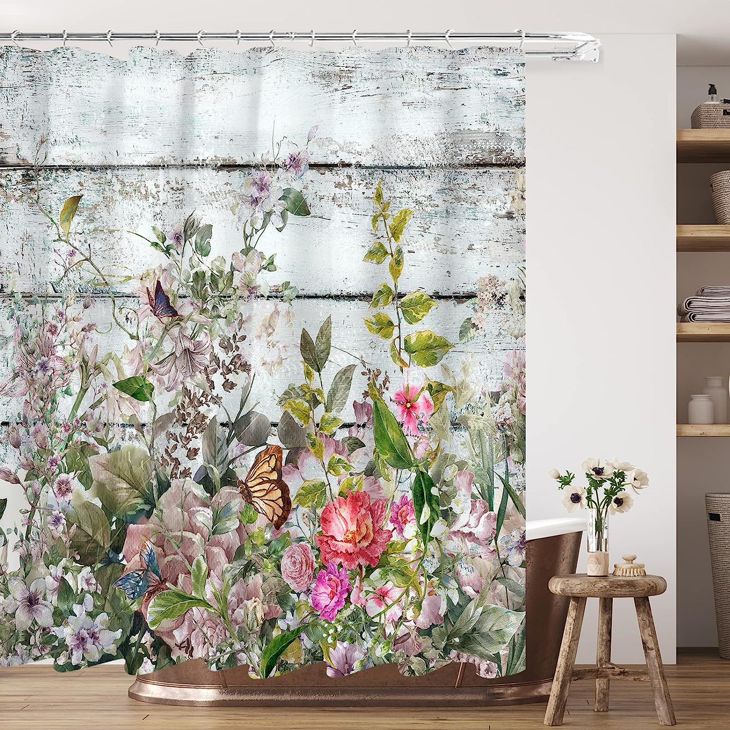 Vintage Wooden Shower Curtain with Herbs and Succulents, Pink and White Flowers Butterfly Decoration
