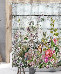 Vintage Wooden Shower Curtain with Herbs and Succulents, Pink and White Flowers Butterfly Decoration