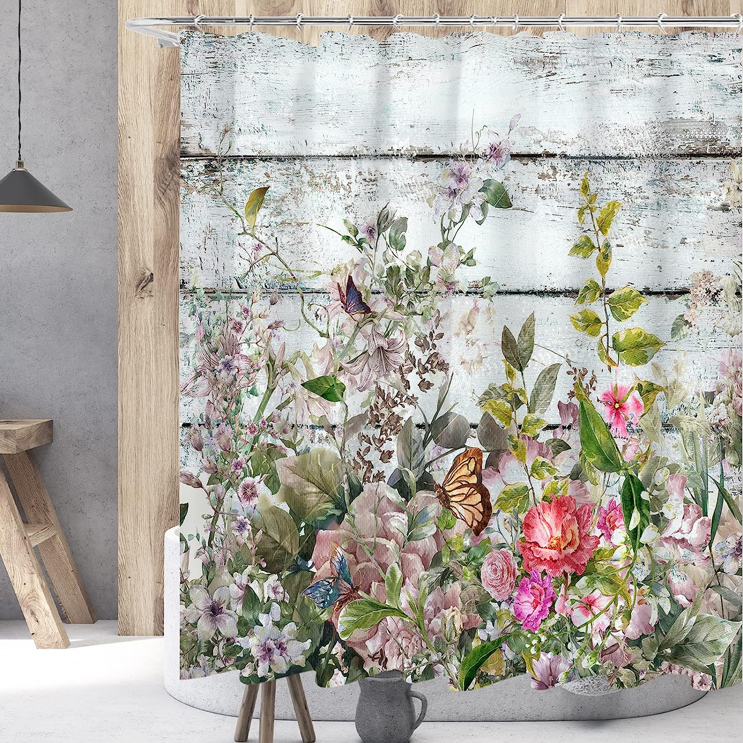 Vintage Wooden Shower Curtain with Herbs and Succulents, Pink and White Flowers Butterfly Decoration